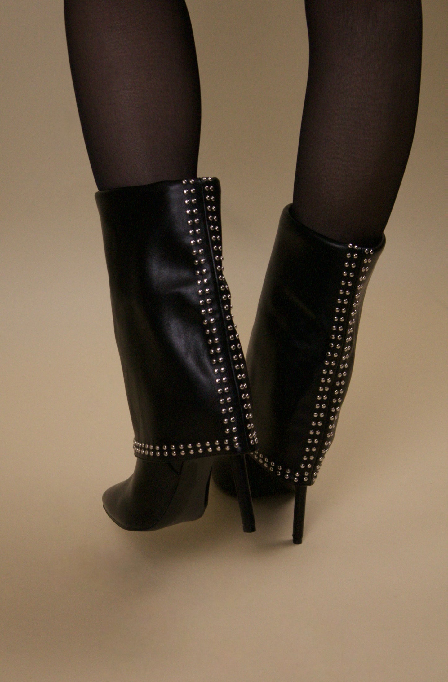 Studded Fold-Over Mid-Calf Boots - Black